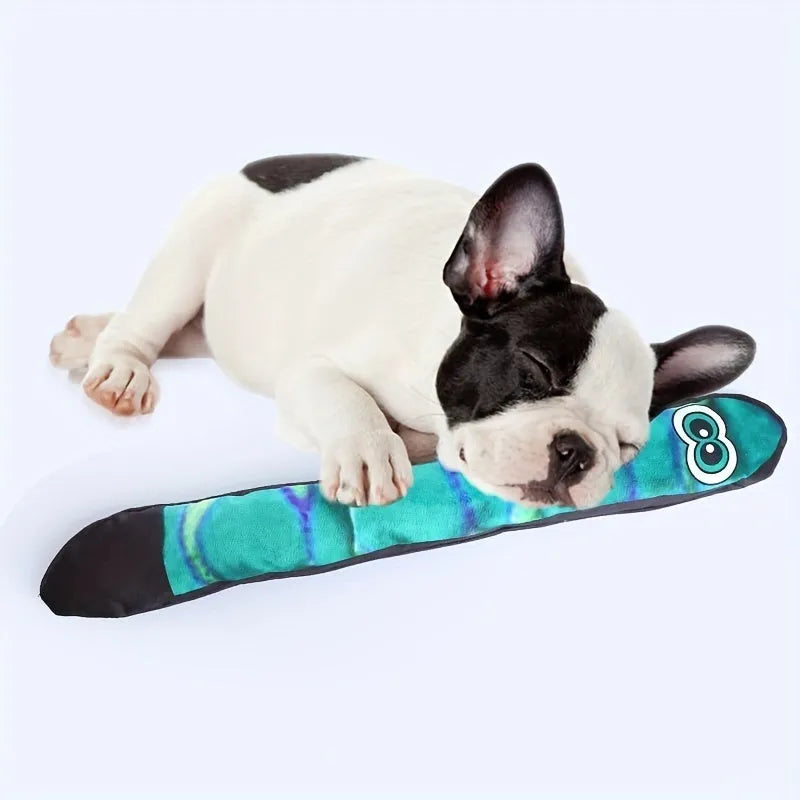 Snake-shaped plush dog squeaky toy with blue and green stripe prints