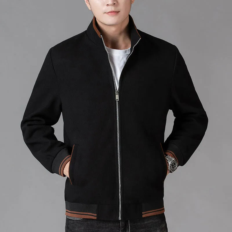 Men's gray wool fleece sport jacket with a stick pocket, shown on a hanger.