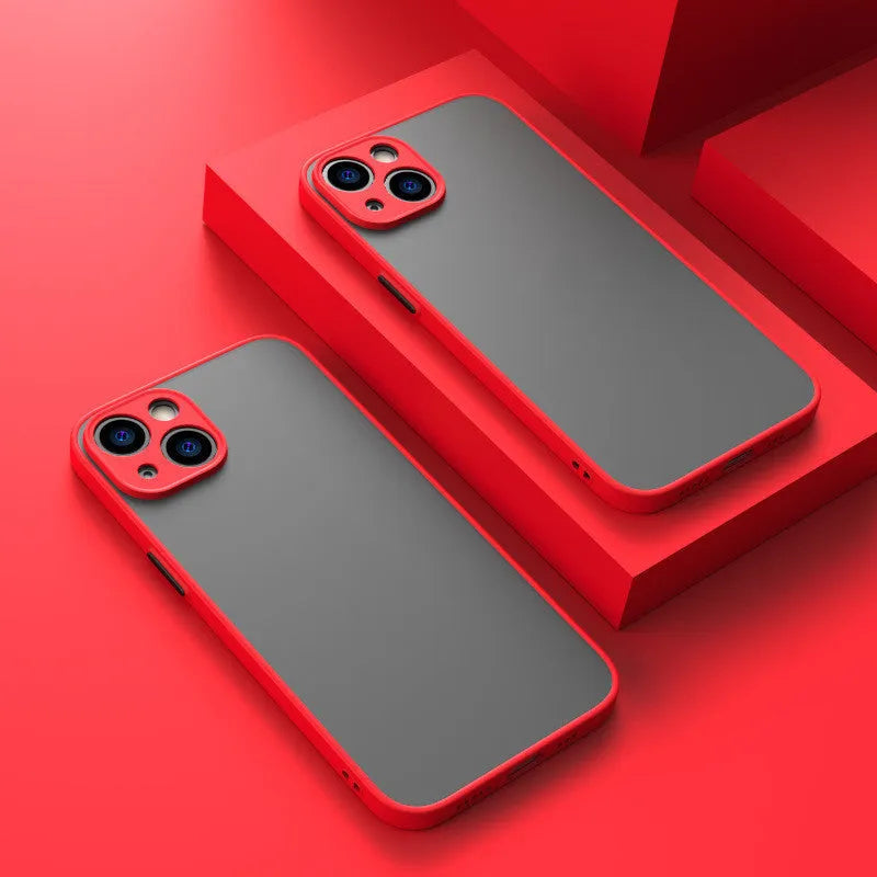 Black frosted hard iPhone case with fine hole skin-sensing design on a table.