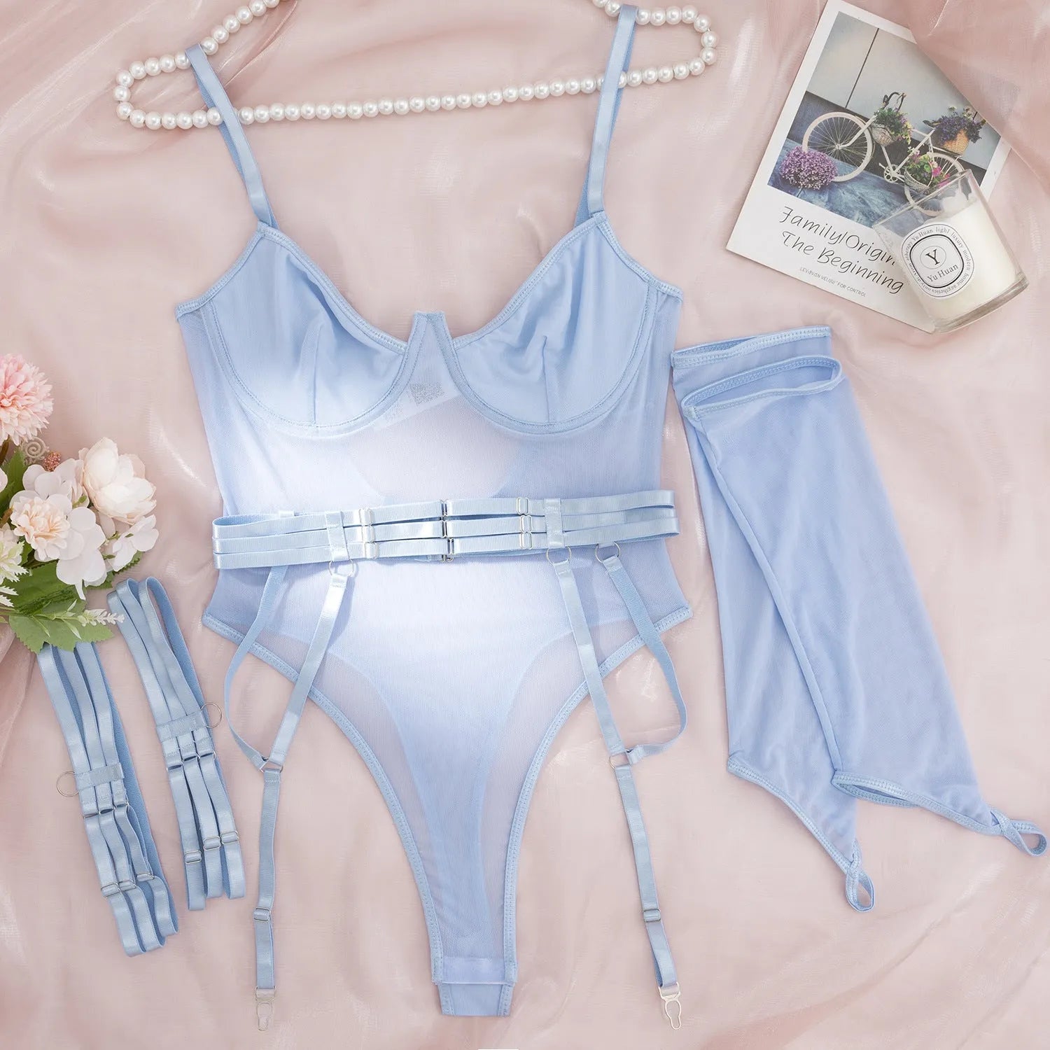 Transparent mesh jumpsuit in multiple colours for female game wear and sukumizu style