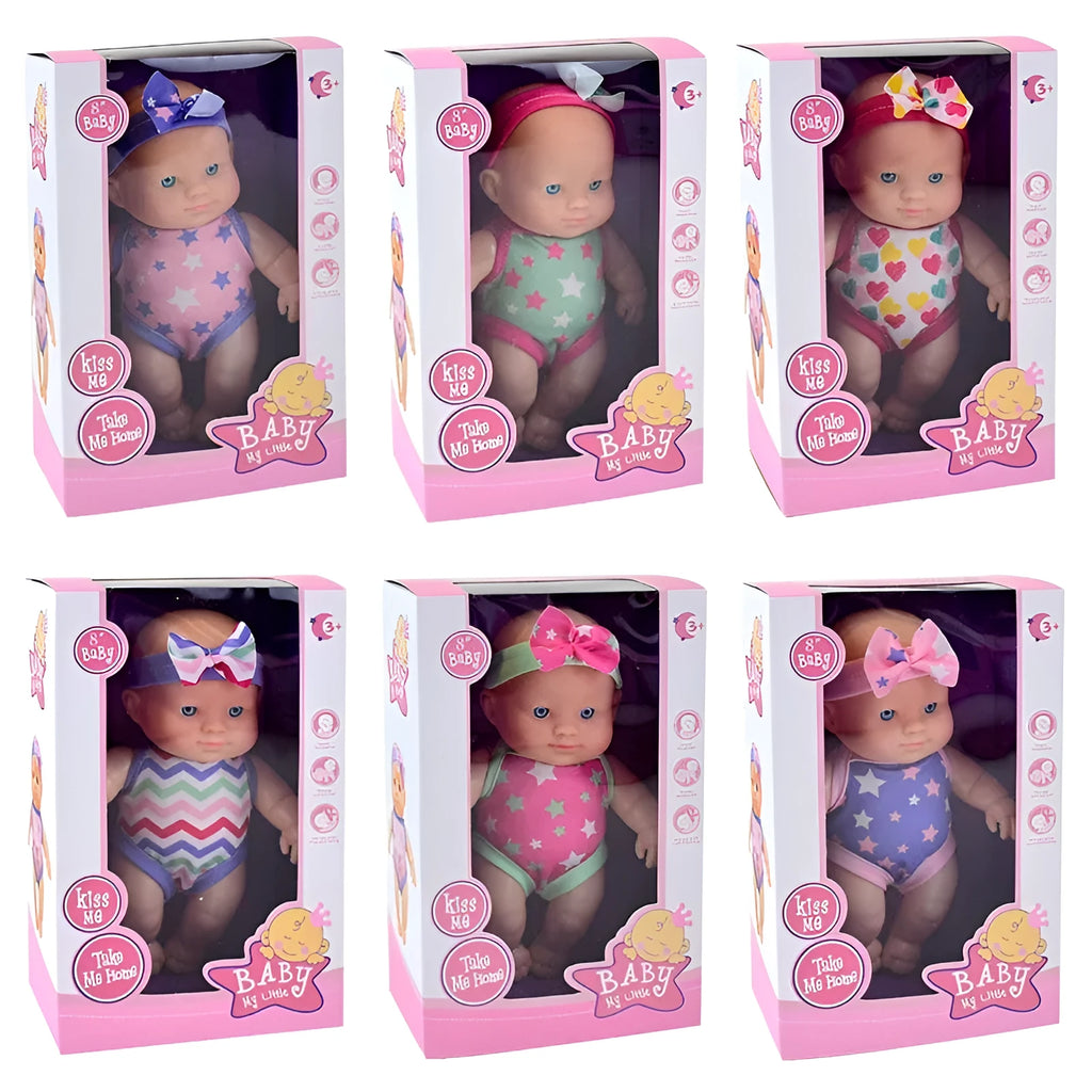 Simulation baby vinyl figurine doll in colour box packaging, 21.5cm tall, realistic design