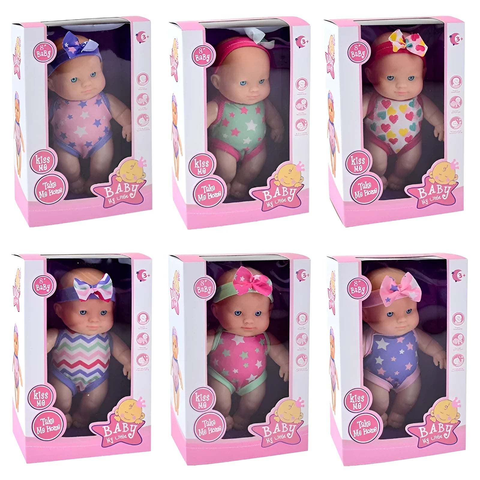 Simulation baby vinyl figurine doll in colour box packaging, 21.5cm tall, realistic design