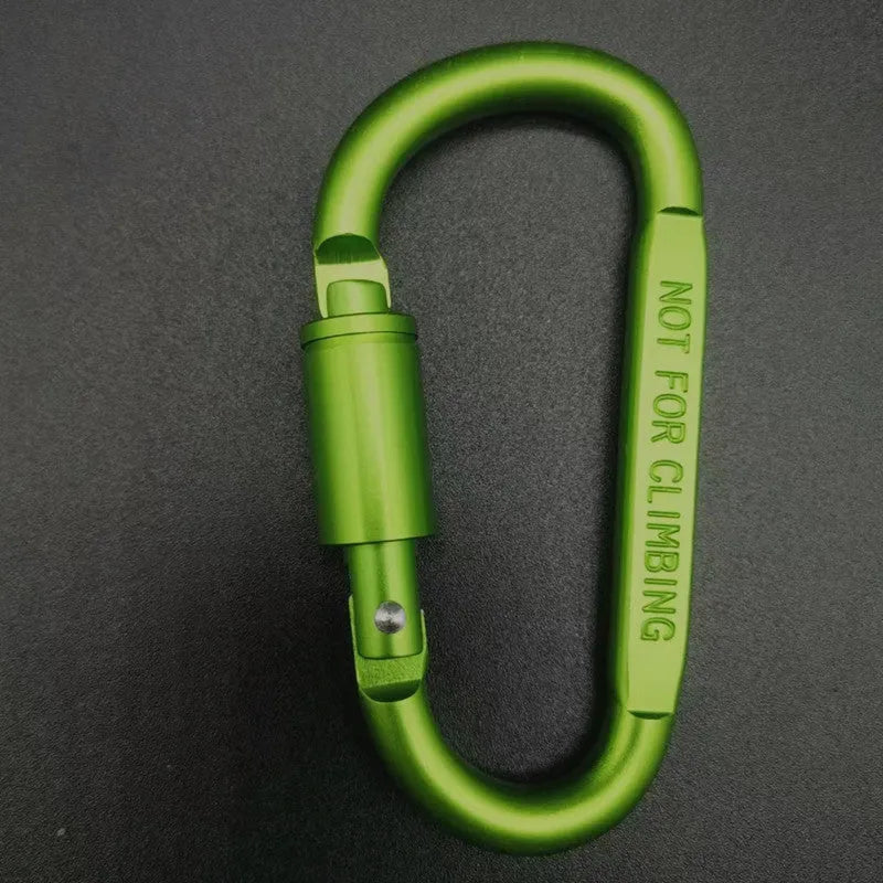 Aluminium D-type carabiner with lock in multiple colour options showing 8cm flat design