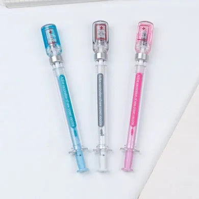 Vaccine design novelty gel pen with plastic construction and black 0.5mm refill