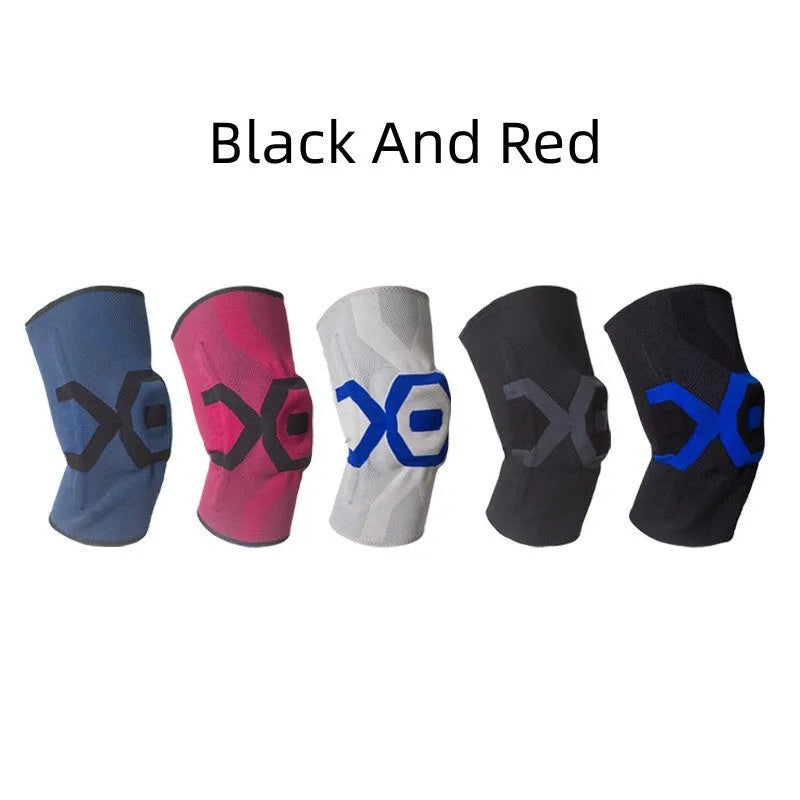 A pair of flexible silicone knee pads for sports, shown in a black and blue colour combination.