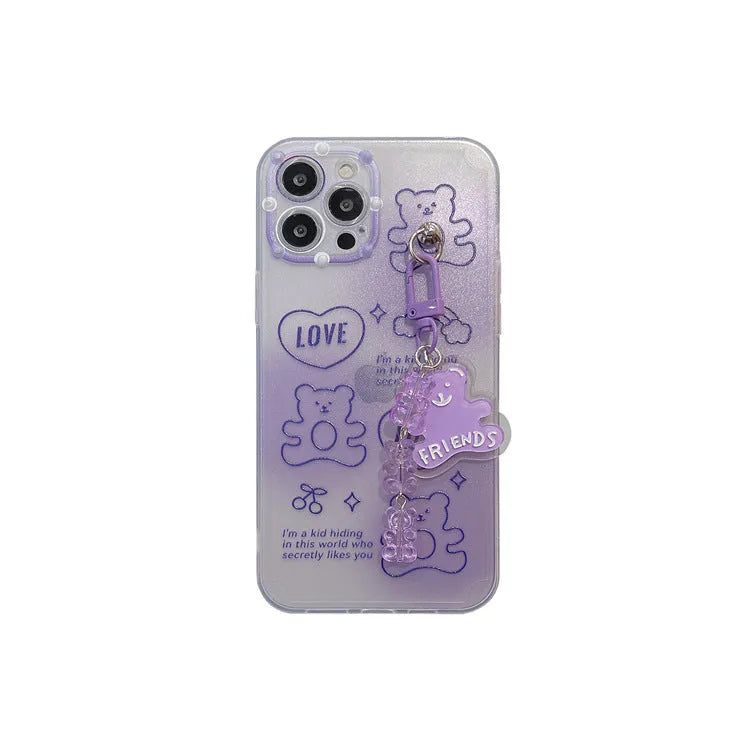 Purple clear gummy bear pendant lanyard TPU phone case for iPhone 12 Pro and iPhone 13