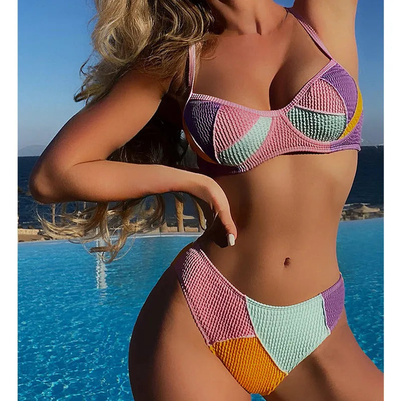 Ladies push up bikini with steel bracket underwire in colour-matching design for enhanced cleavage support during swimming