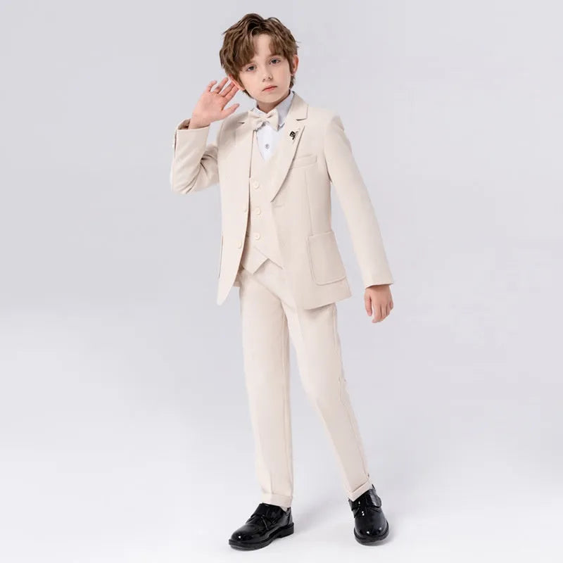 Boys' 5-piece suit set in beige, blue, or grey with coat, trousers, bow tie, vest, and brooch.