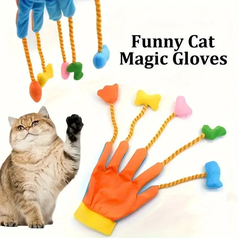 Yellow and blue magic glove cat wand toy with feather trailer and integrated bell