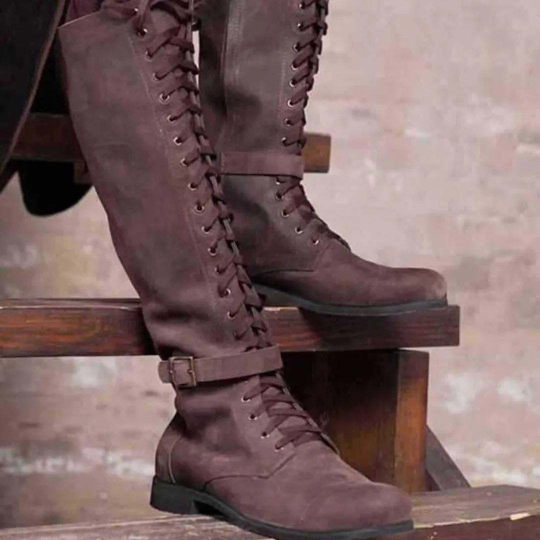 Women's long lace-up boots with low heel in black artificial PU and rubber sole