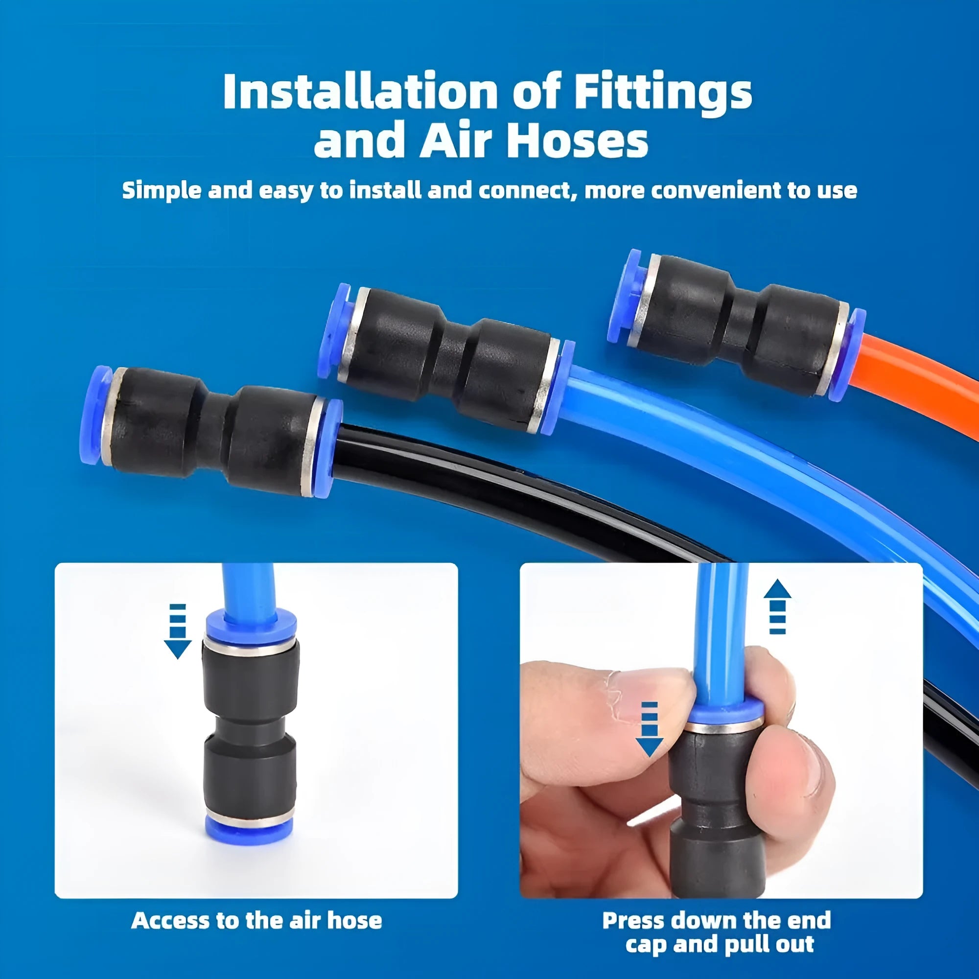 60-piece alloy plastic pneumatic quick-connect connector set with 1/4-inch and 1/2-inch threads.
