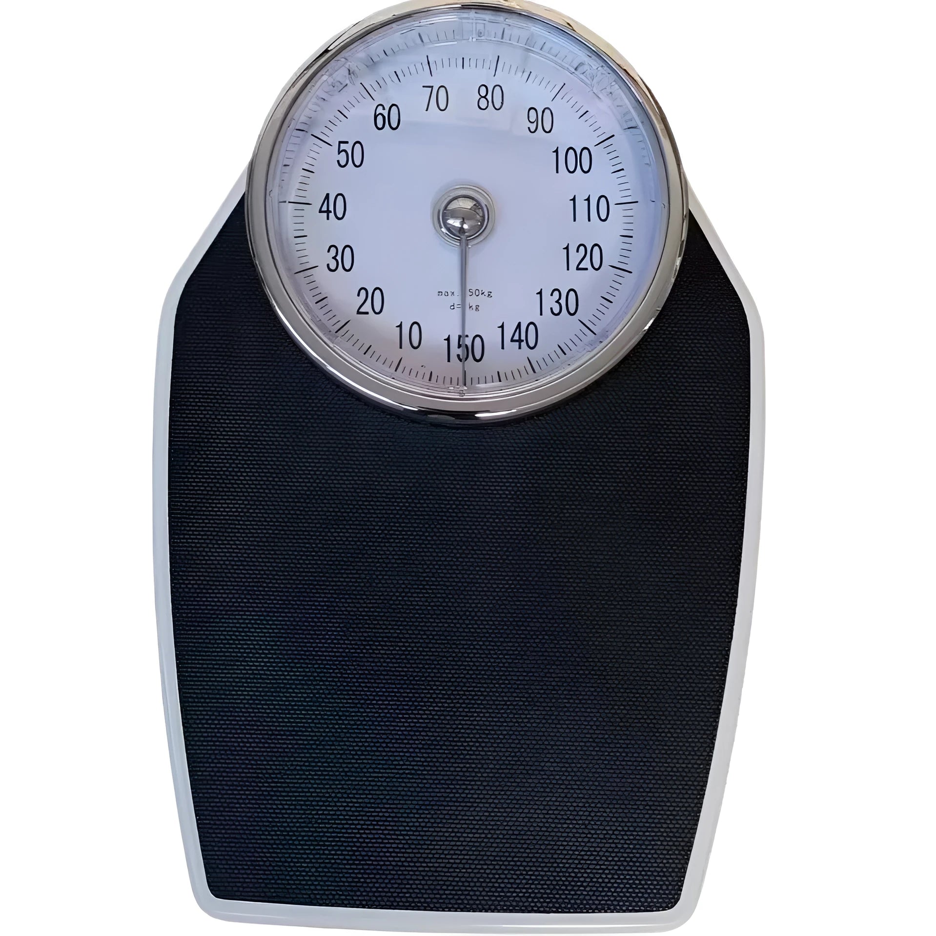 Black mechanical bathroom scale with large dial on a 47x35 cm platform.