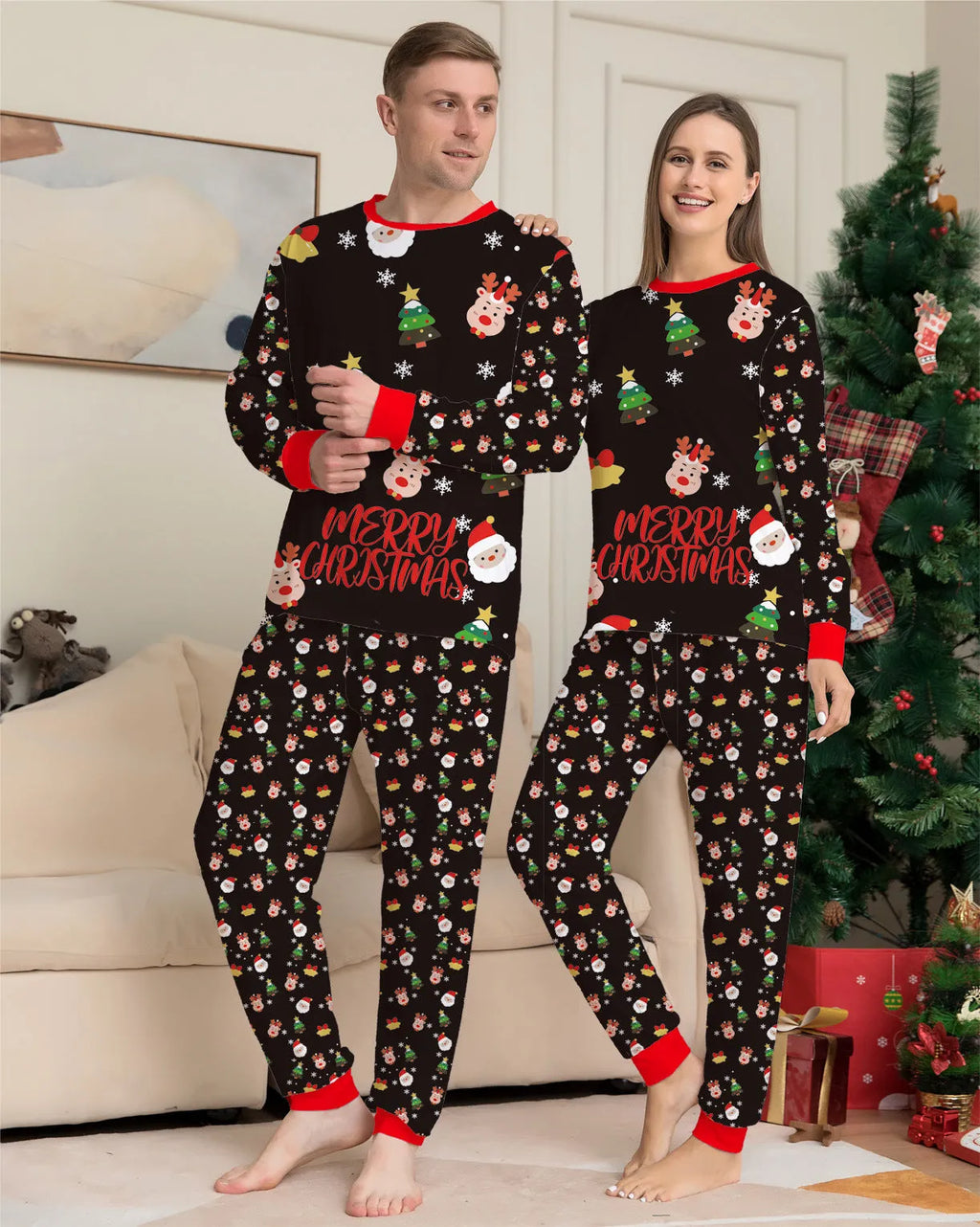 Family wearing matching red plaid Christmas pyjamas with dog in coordinating pyjamas