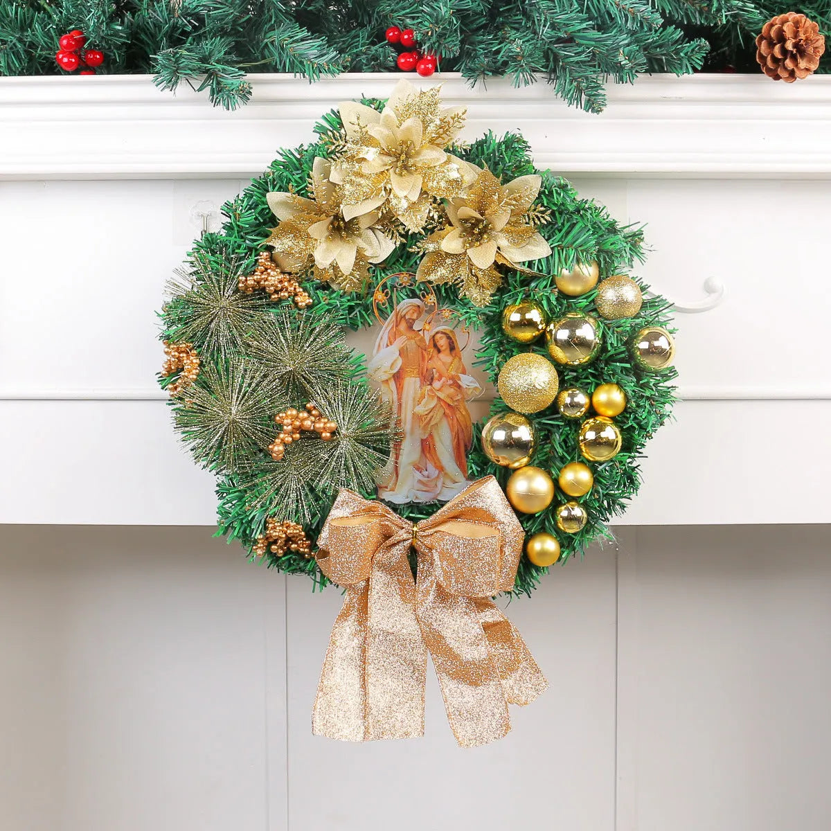 Plastic handmade holiday hanging garland in assorted wreath and light styles for festive door or wall display