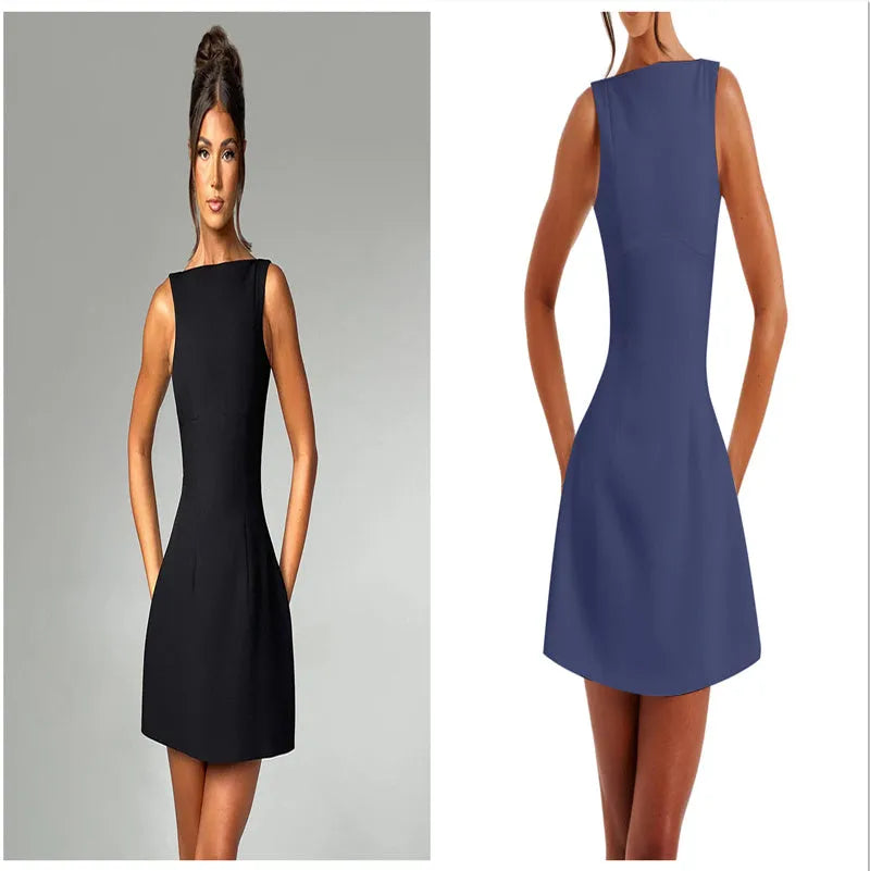 Black backless sling dress with slim fit and short skirt on a model.