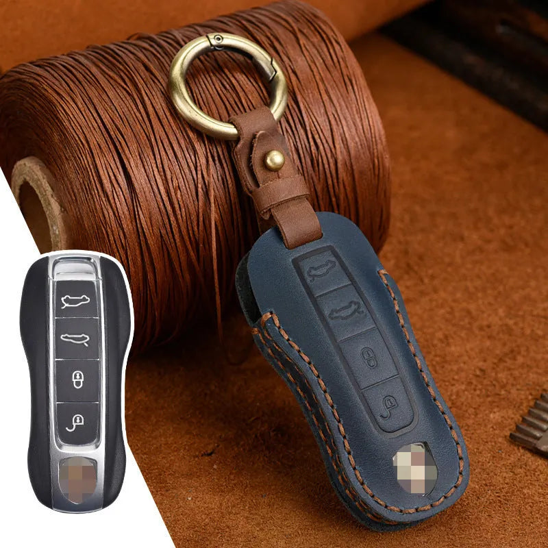 Authentic leather Porsche key cover with retro buckle in blue or brown colour