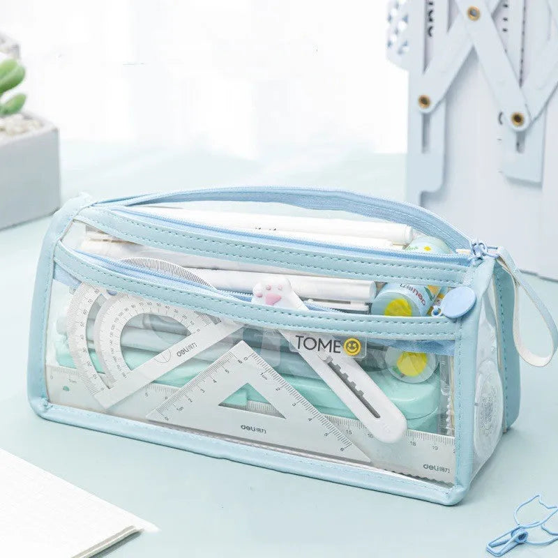 Large transparent double-layer pencil case in beige colour showing two zipped compartments