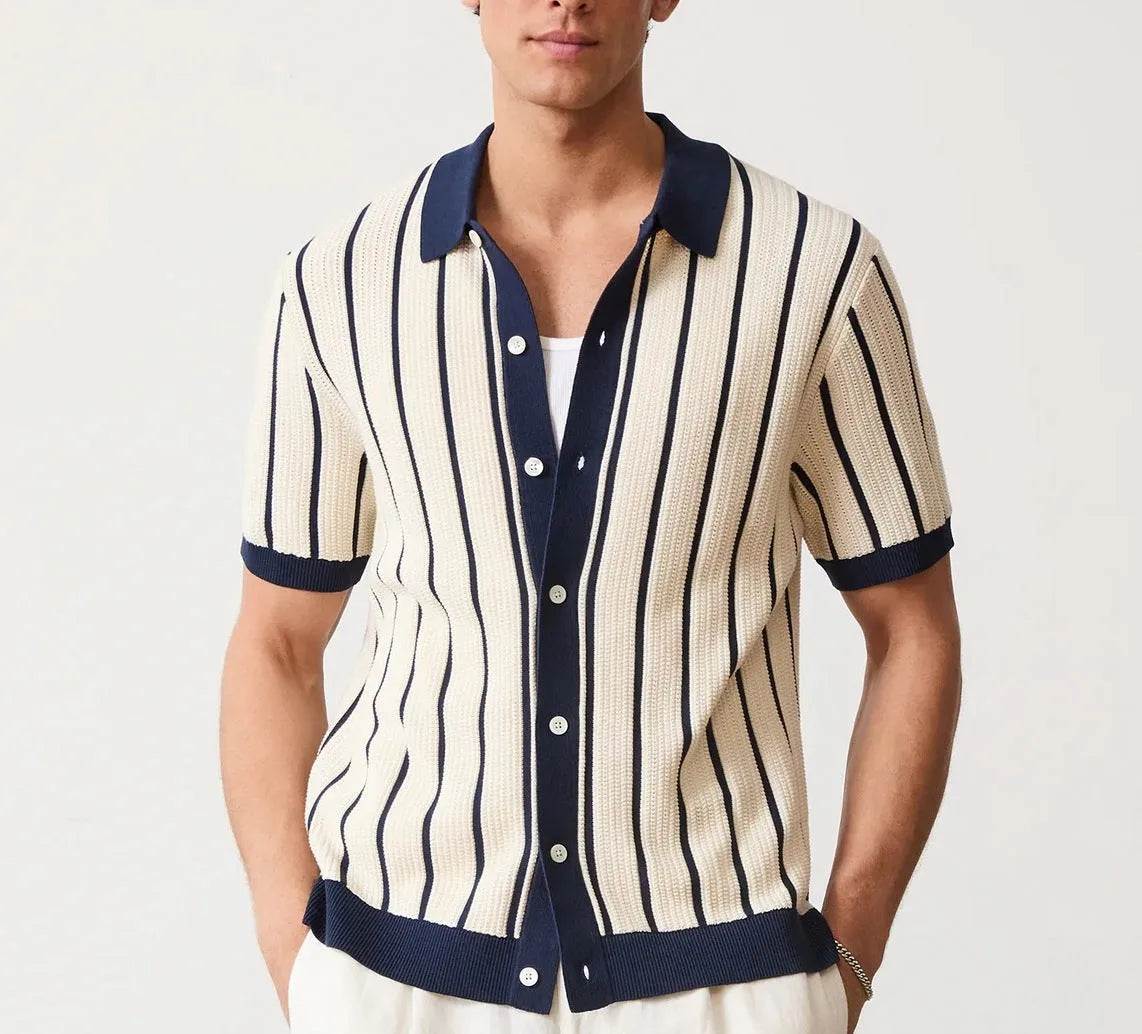 Men's white asymmetric short sleeve knitted top with a lapel collar on a model.