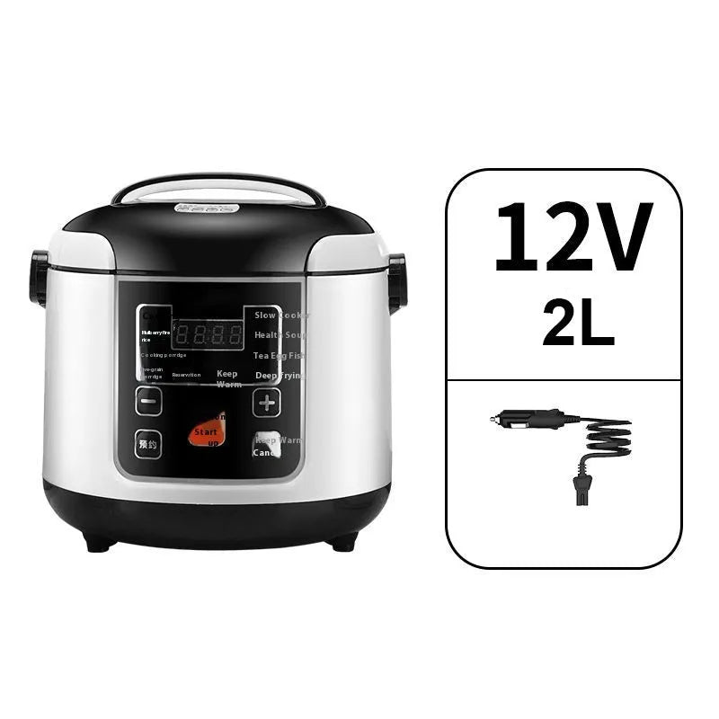 Black vehicle-mounted rice cooker 12V 24V with stainless steel inner pot 2L capacity 220x220x230mm