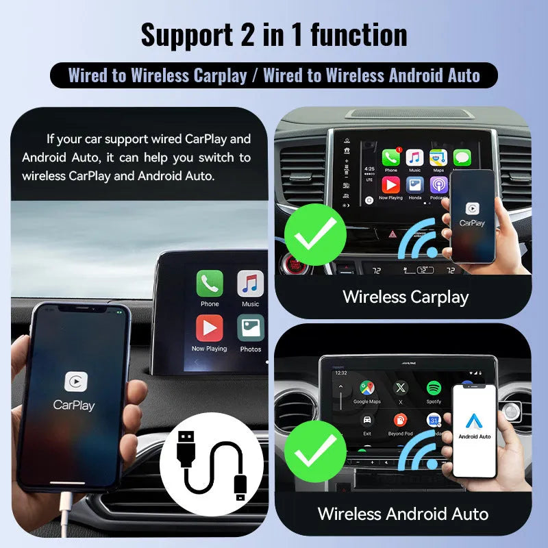Black mini Carplay USB wireless adapter showing 26x55x13mm dimensions