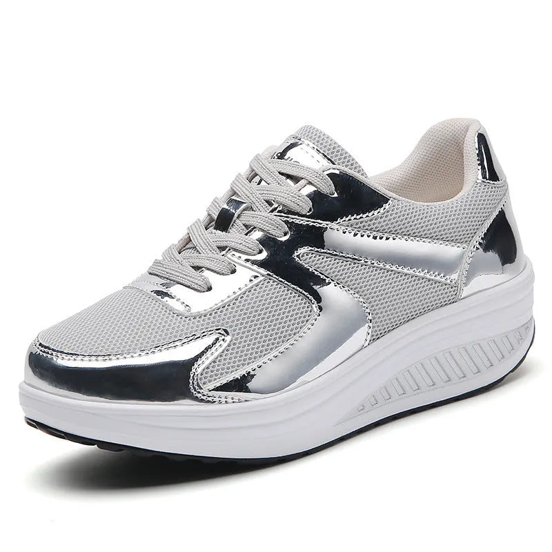 Women's gold mesh platform trainers with cross-strap and thick rubber sole