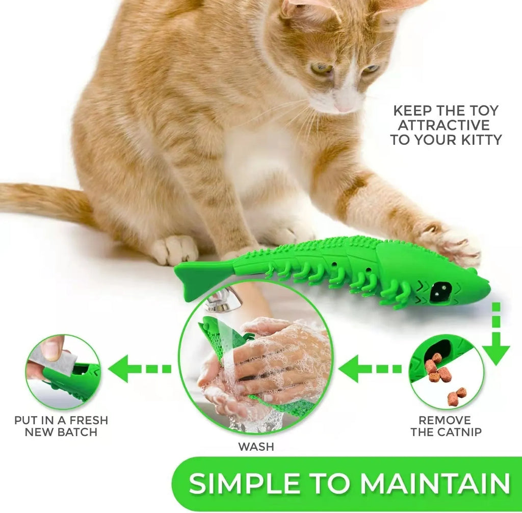 Blue cat toy with rubber toothbrush design for dental cleaning during play
