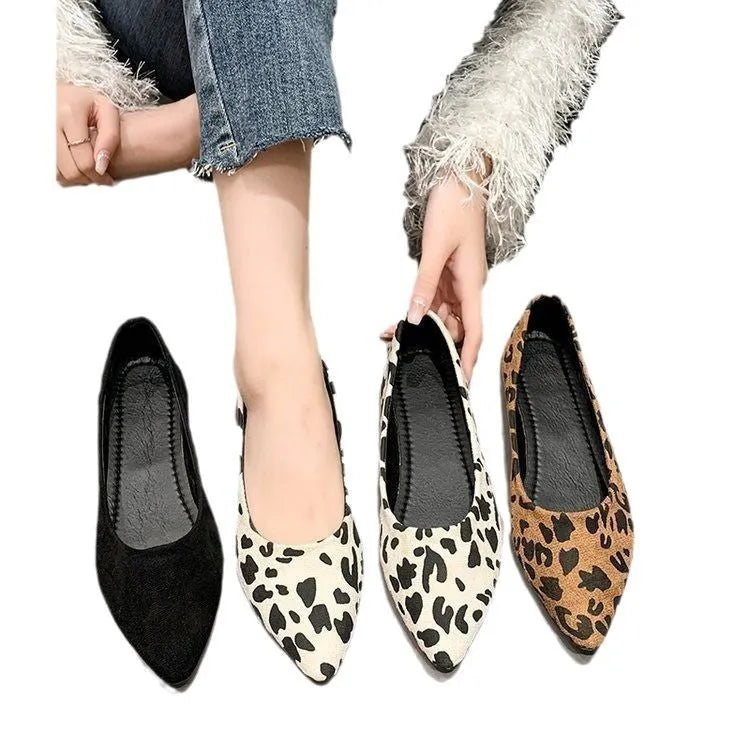 Women's leopard print flat pumps with pointed toe and low ankle strap