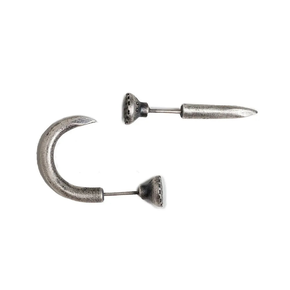 S925 sterling silver punk nail stud earring on ear hook, shown in straight and curved nail styles.