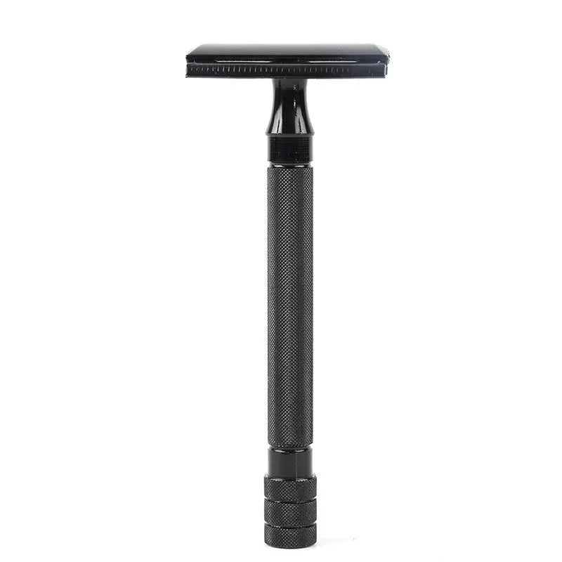 Traditional manual beard shaver with metal scraper and wooden brush grooming kit