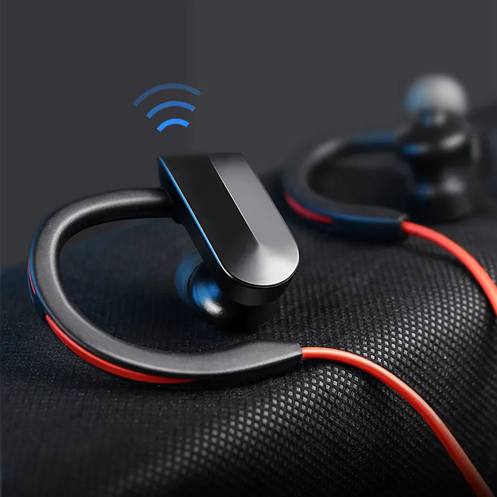 Black wireless neckband Bluetooth earphones showing earpieces and control module on the neckband.