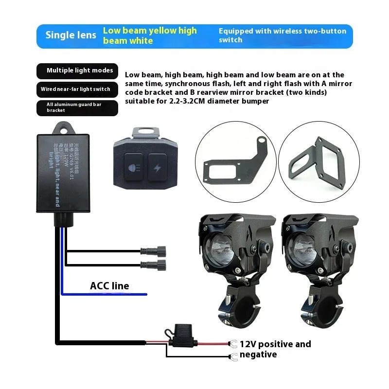 Motorcycle LED spotlight conversion kit showing light unit, wiring, switch, and mounting brackets