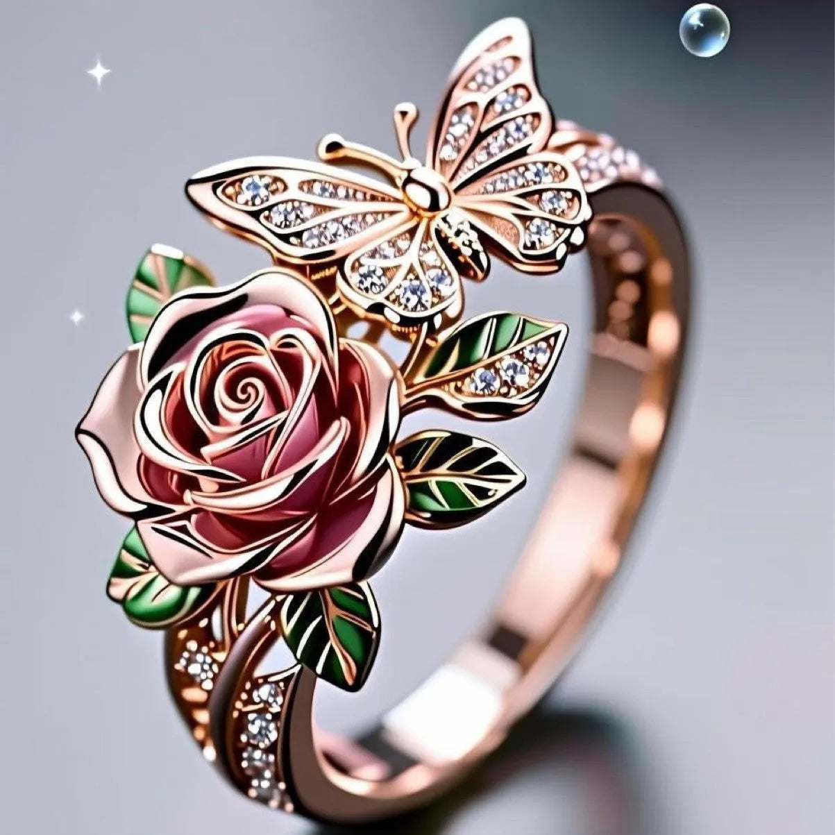 Adjustable fairy style butterfly ring with colourful oil drop centrepiece and leaf design.