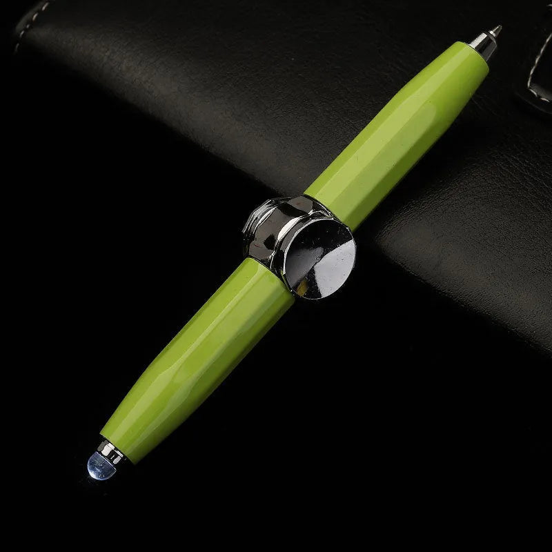 Metal LED spinning decompression gyro ballpoint pen shown with multi-colour ink refills
