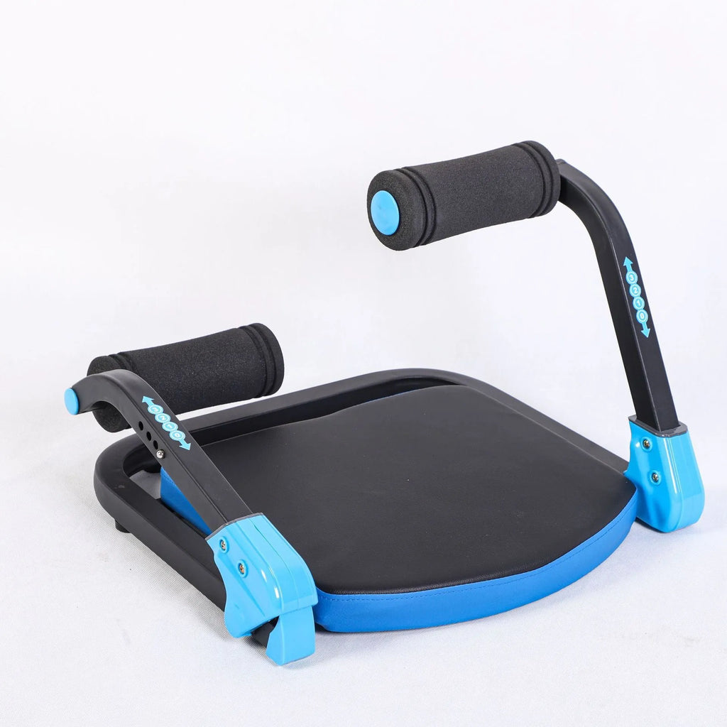 Sky blue and red coloured mini multifunctional abdominal exercise device for home, office, and outdoor use.