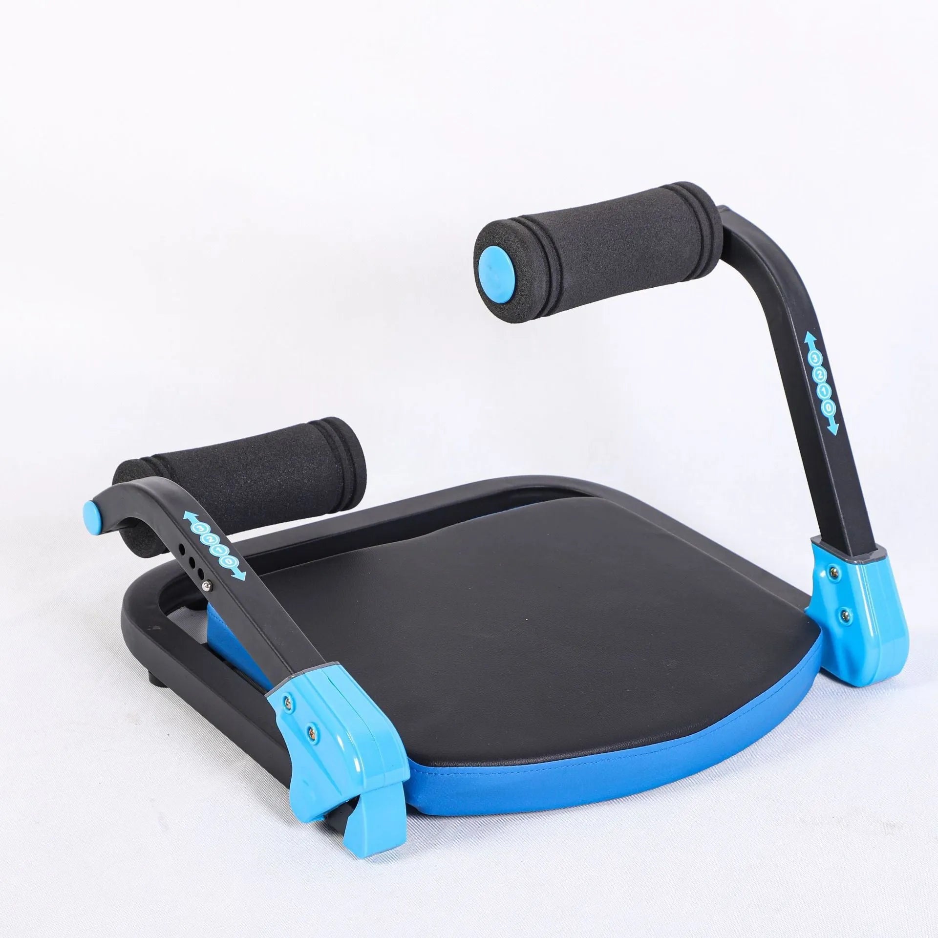 Sky blue and red coloured mini multifunctional abdominal exercise device for home, office, and outdoor use.