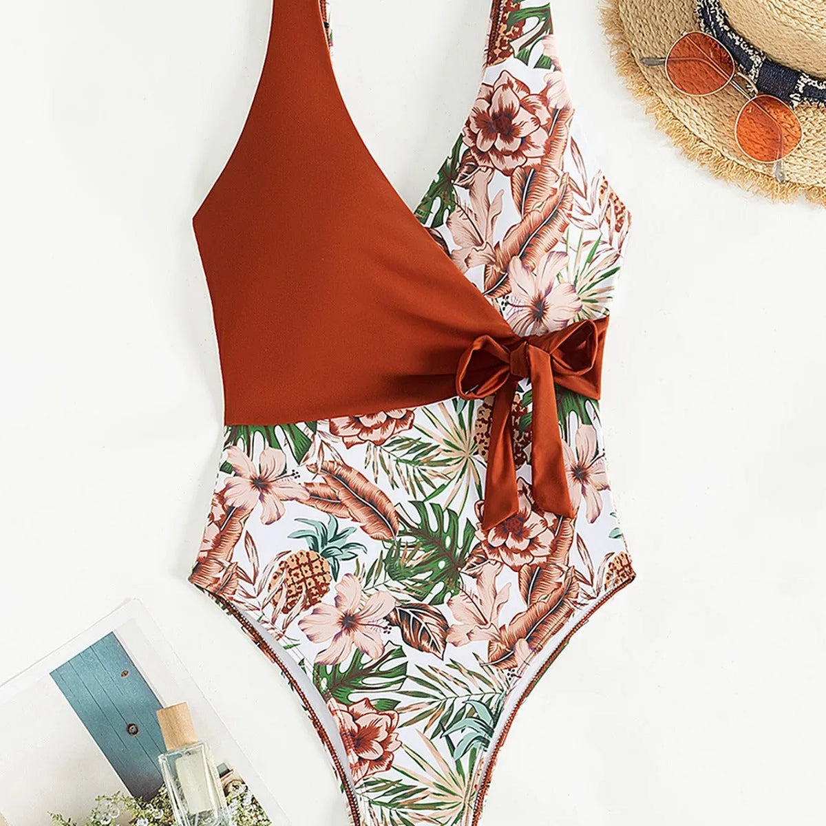 Multicolor tropical plants print one-piece bikini swimsuit for women polyester spandex swimming wading