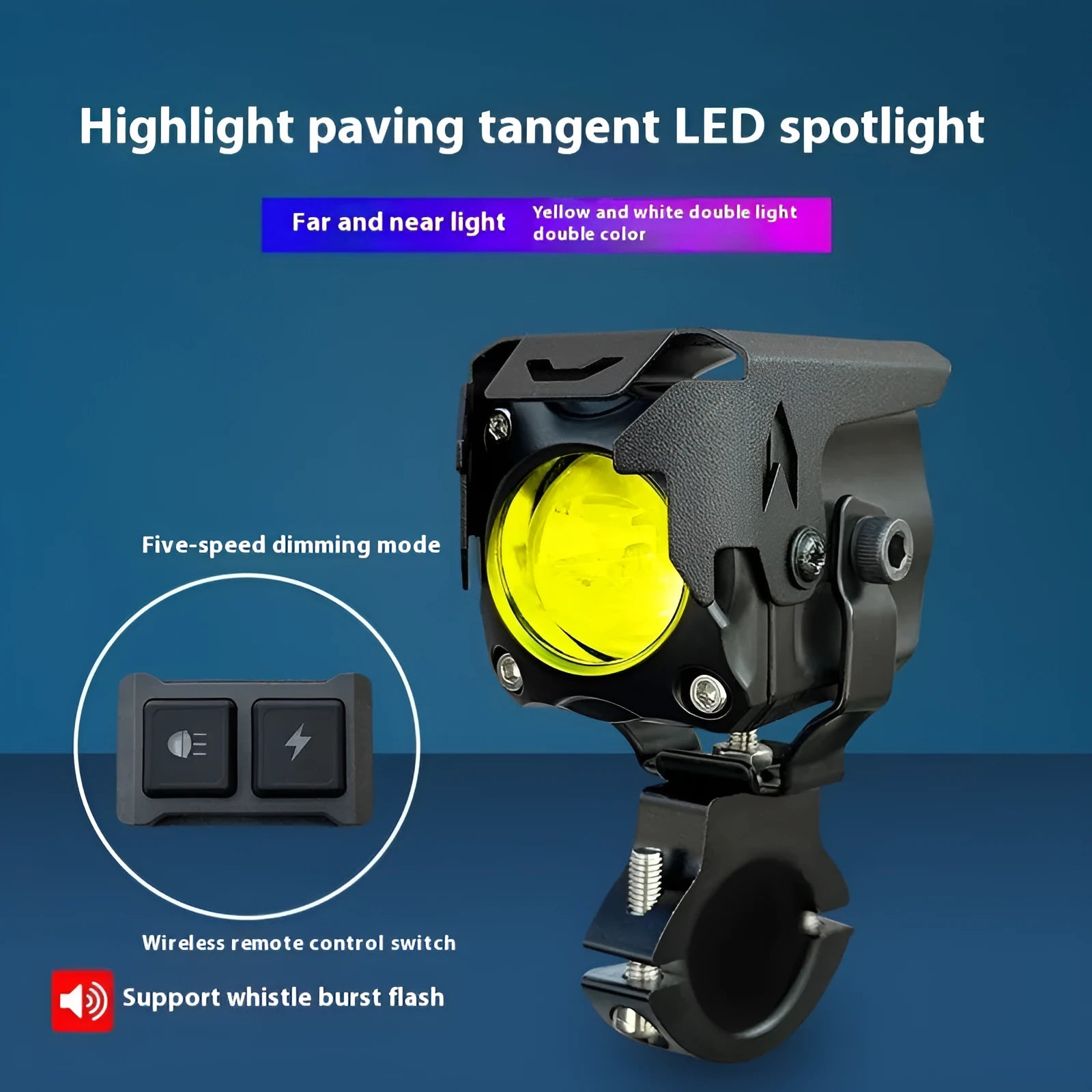 Motorcycle LED spotlight conversion kit showing light unit, wiring, switch, and mounting brackets