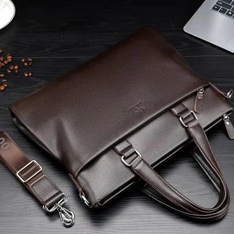 Men's black and brown PU leather shoulder messenger bag with splicing design showing 35x30cm dimensions