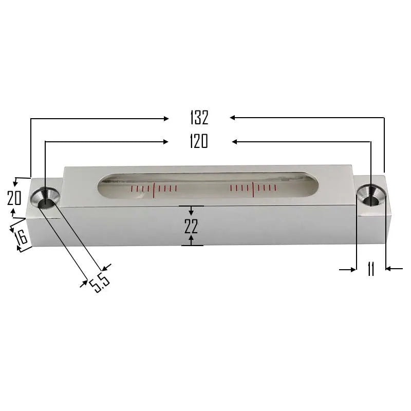 Compact metal and glass spirit level for machine tool and decoration measurement.