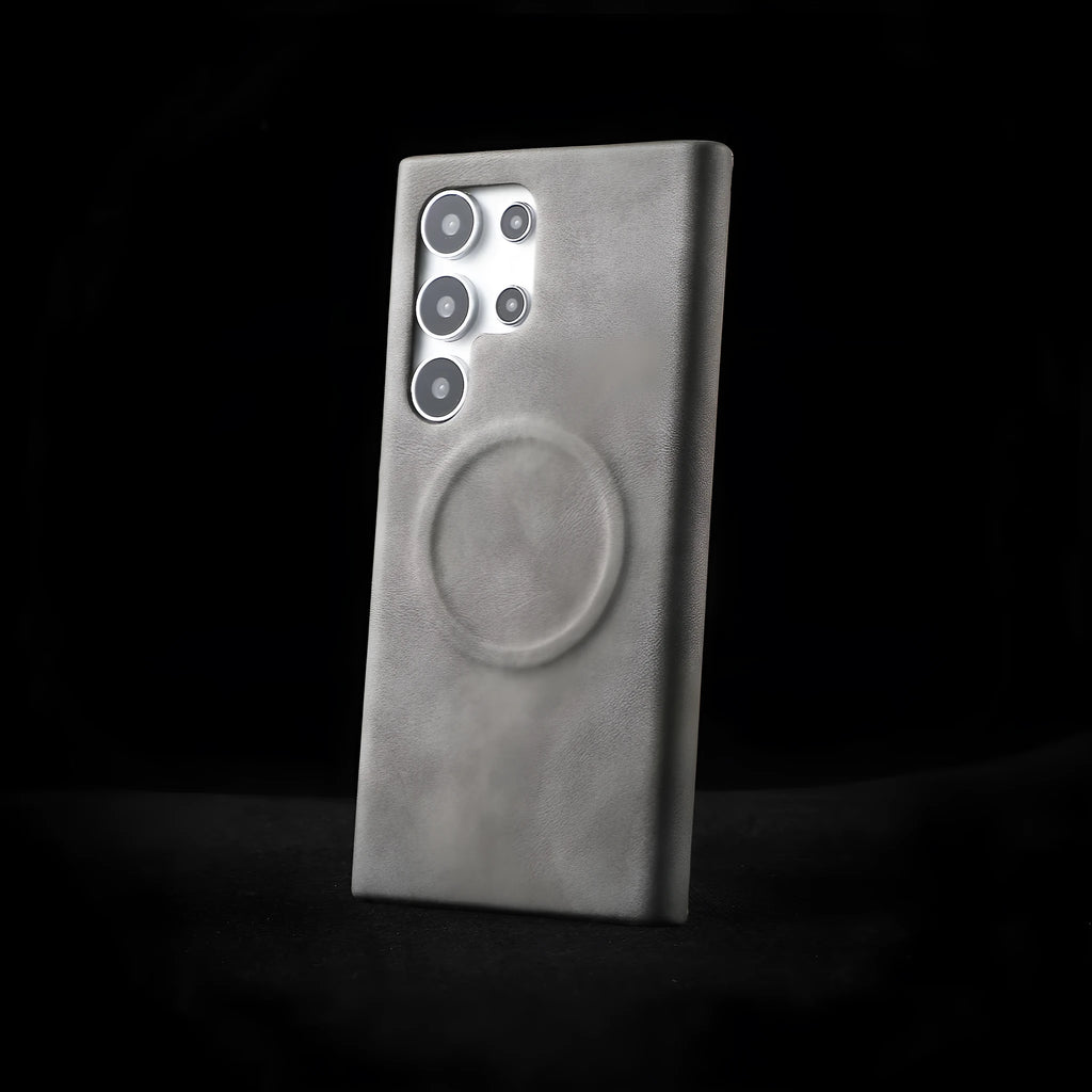 Frosted PU leather phone case for Samsung Galaxy S25 Ultra and S25 in black, brown, chocolate, gray, or white.