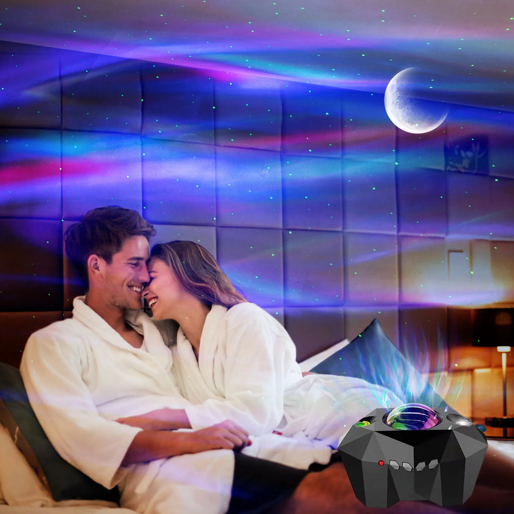 LED Dream Aurora Borealis Ocean Star Light Projector with remote control, black housing, showing green laser and multicolour water mark effects