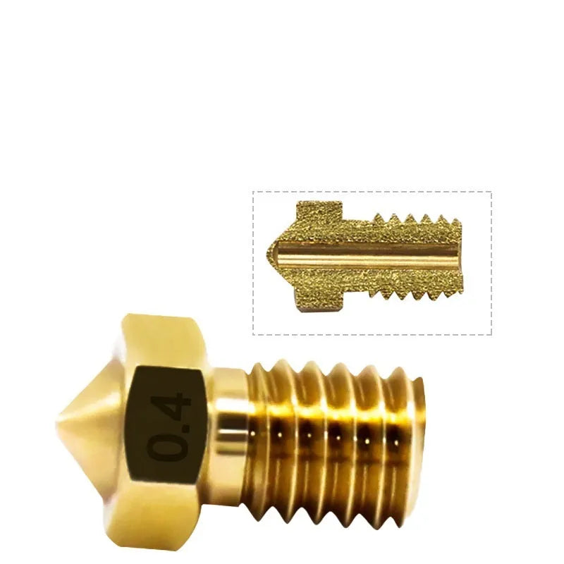 Close-up of a brass E3D-style 3D printer nozzle with M6 thread, showing its precise machining.