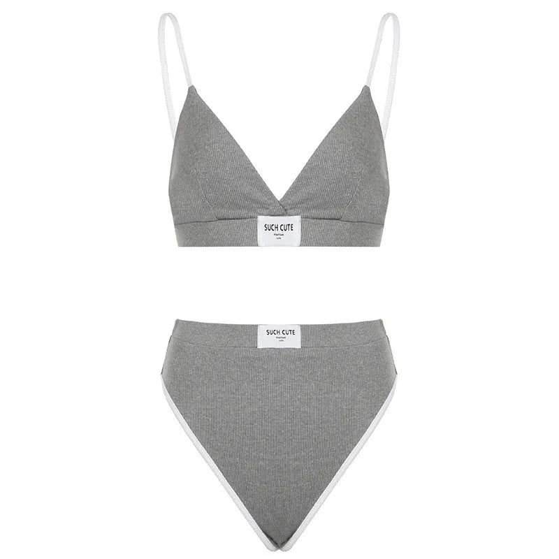 Women's grey contrast binding letters embroidery bikini set with sleeveless top and short shorts