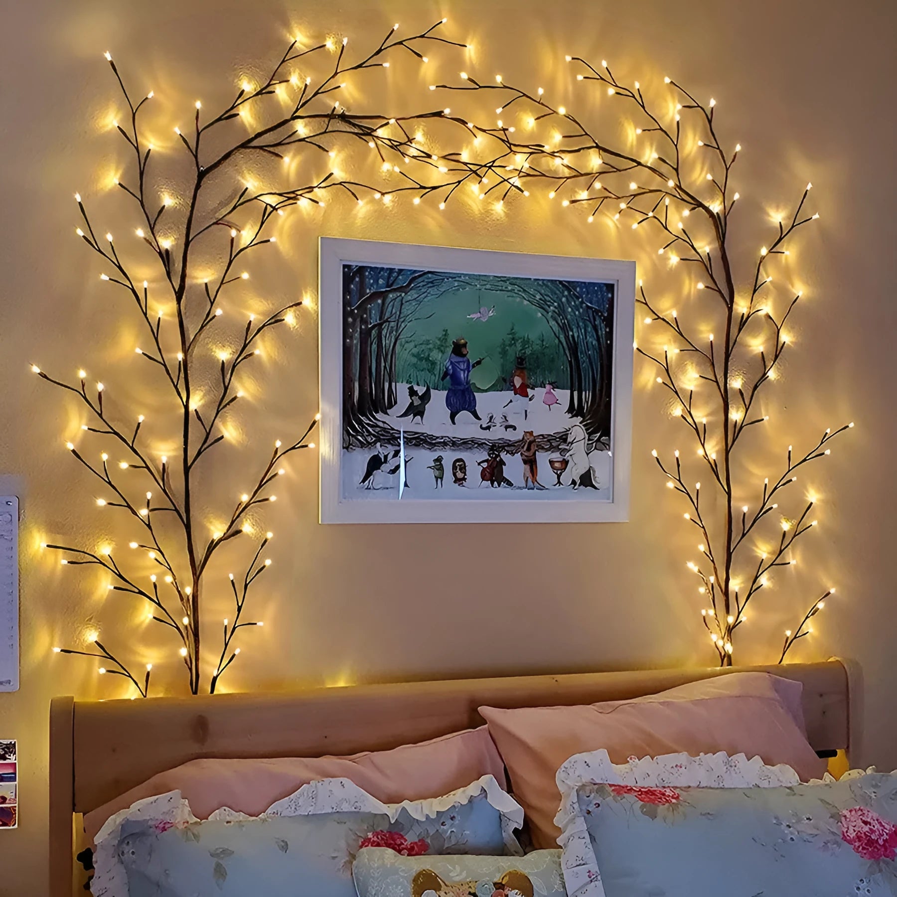 Flexible LED willow vine garland with 144 warm white lights and birch bark texture for wall decoration