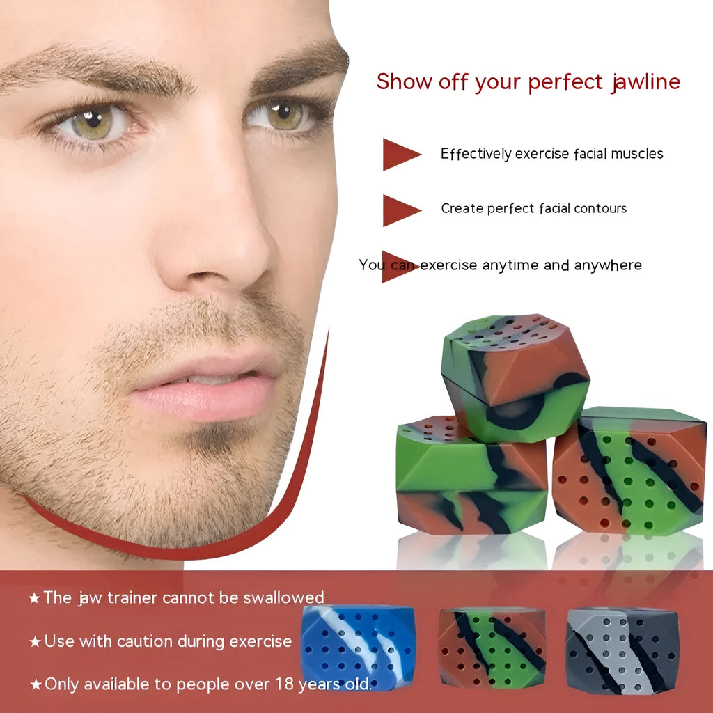 Two camouflage silicone facial exercise balls for masseter and jaw workouts in transparent packaging