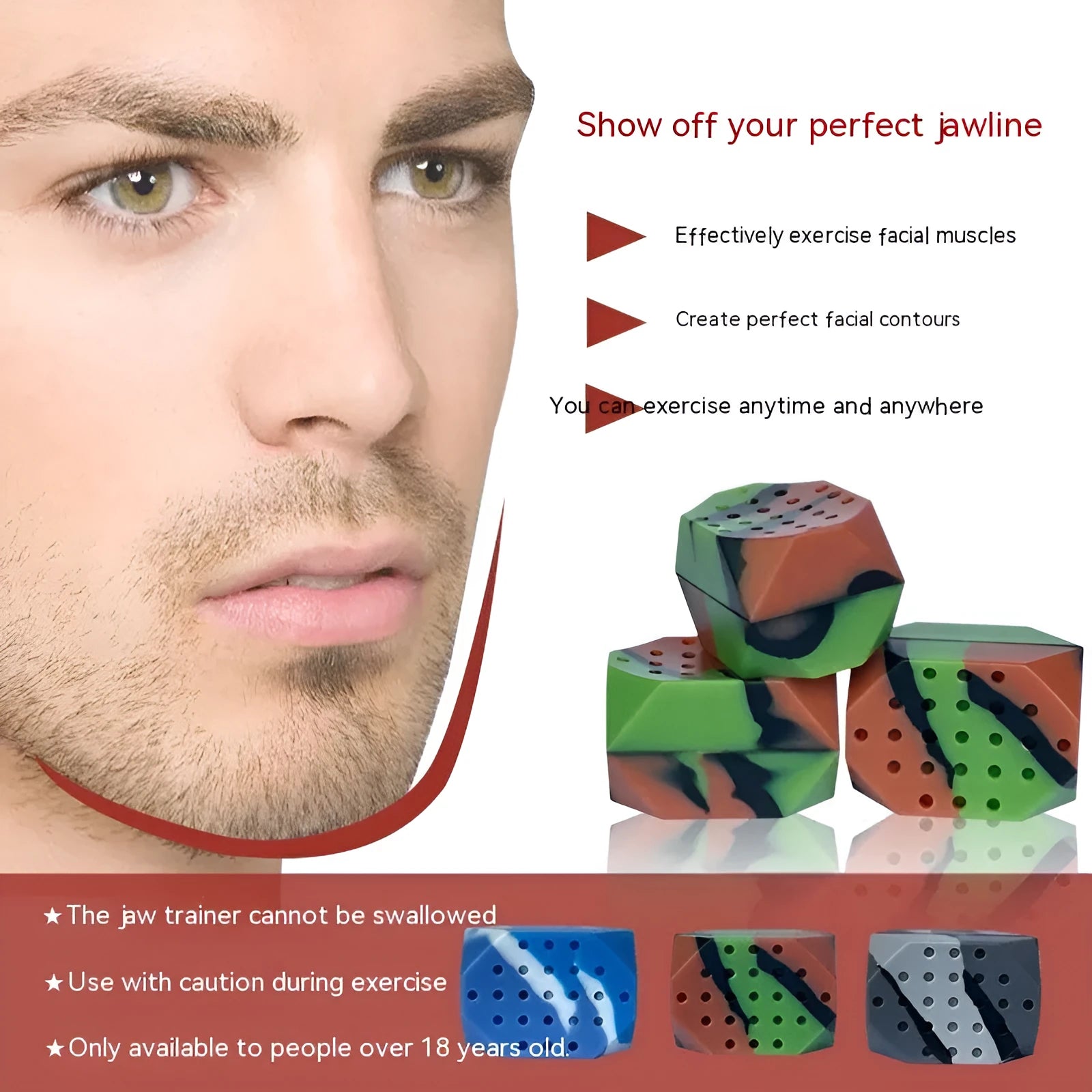 Two camouflage silicone facial exercise balls for masseter and jaw workouts in transparent packaging