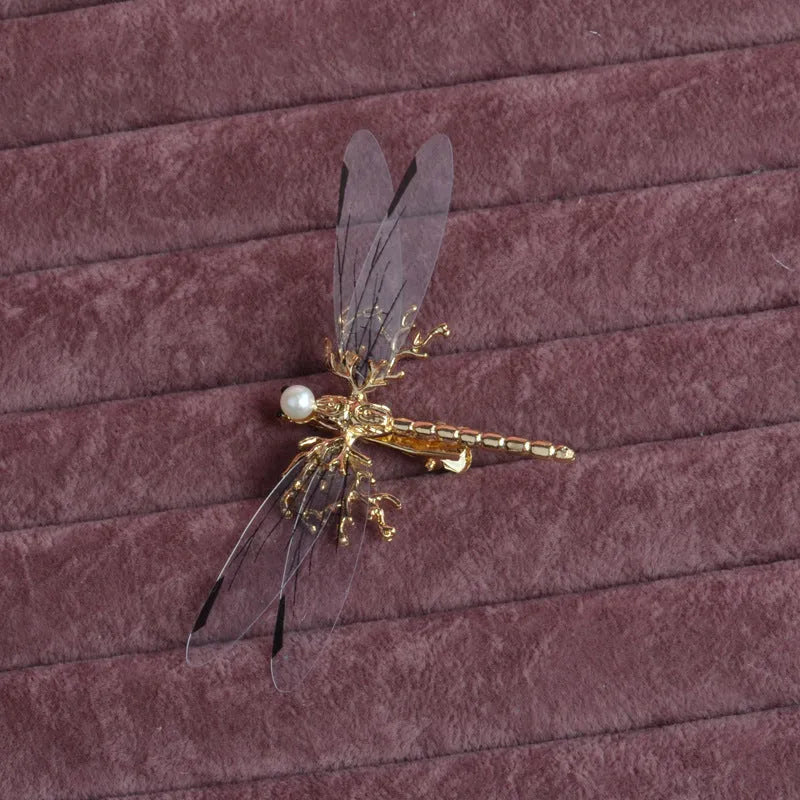 Golden dragonfly-shaped side clip headdress for women with electroplated alloy construction