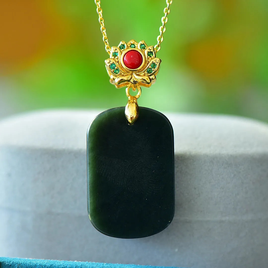 Copper inlaid Hetian grey jade pendant with ink blue accents on necklace chain