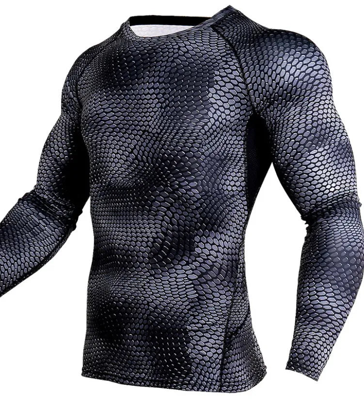 Men's compression running shirt in blue with O-neck and long sleeves for gym training