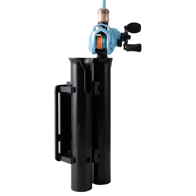 Plastic fishing rod rack with pipe clamp mounted on a bicycle frame